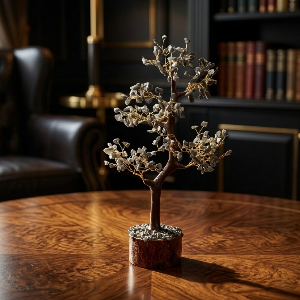Black tourmaline or labradorite crystal tree on wood base on modern steel side table
