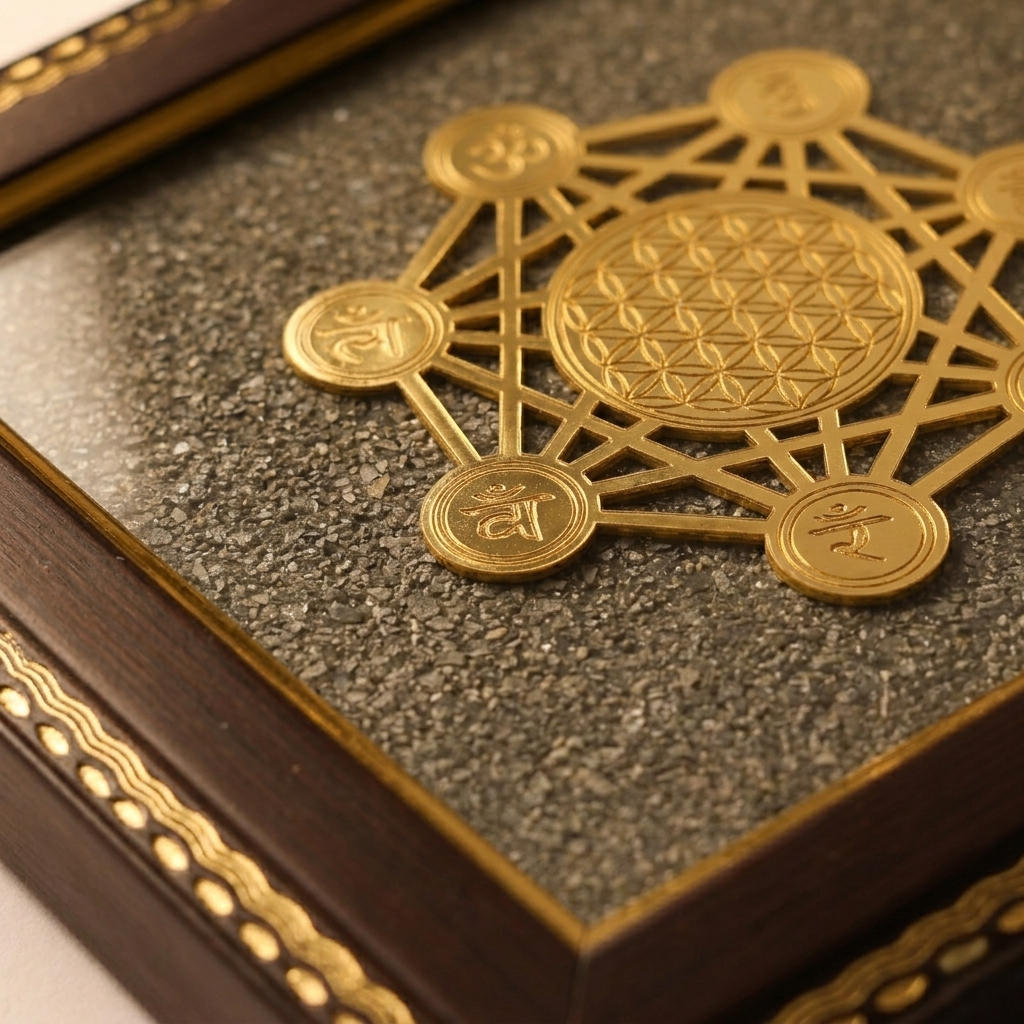 Metatron’s Cube gold wall frame with textured stone background