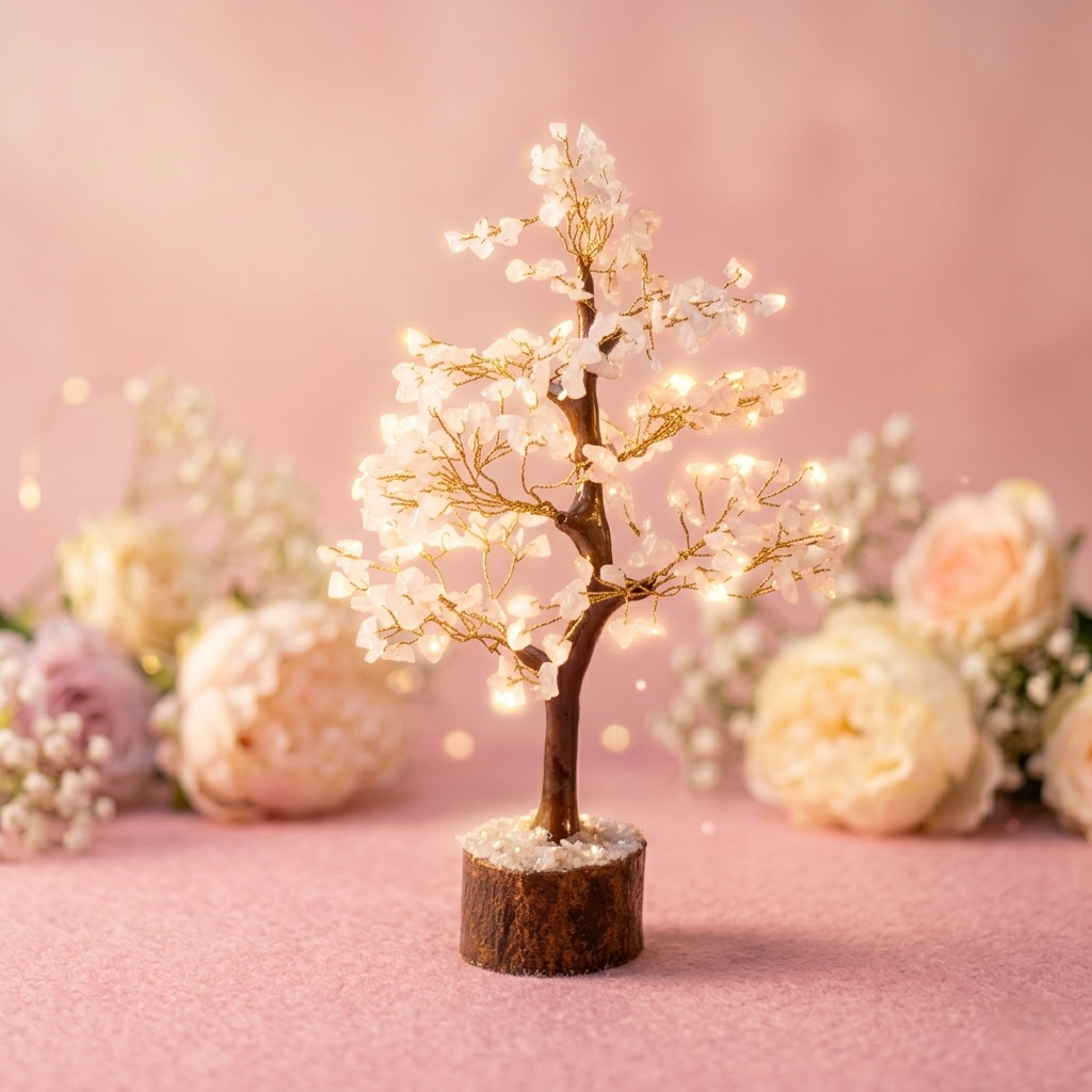 Handcrafted pink rose quartz gemstone wish tree on wood stump pink background
--5
