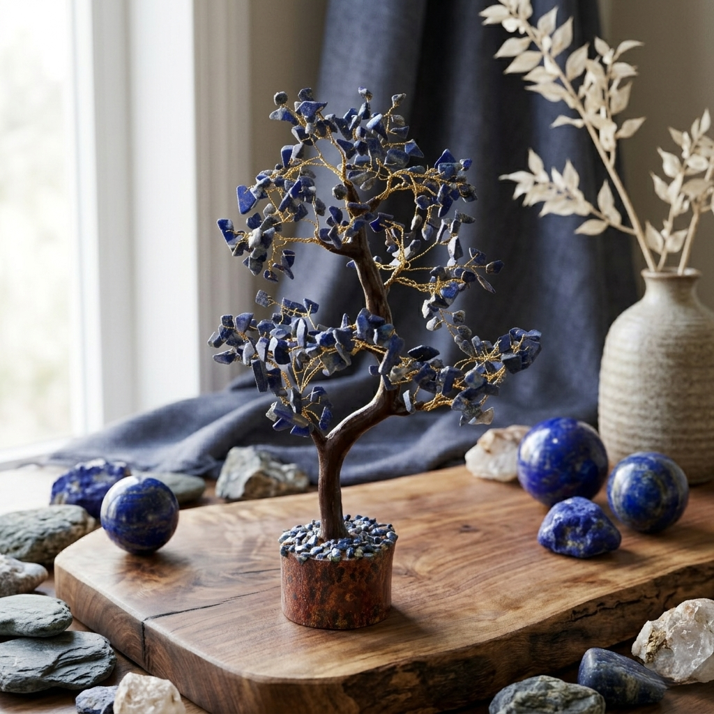 Blue sodalite crystal wish tree on rustic wood stump with lapis lazuli stones
--7
