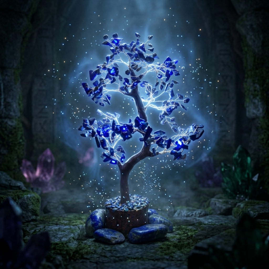 Glowing lapis lazuli crystal tree with mystical blue light in dark forest setting
