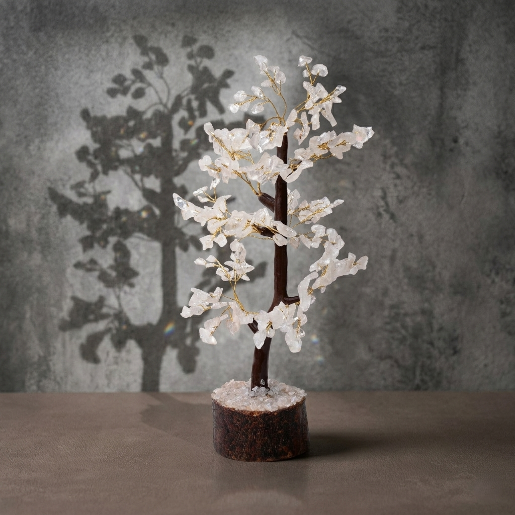 Clear quartz crystal chip tree with gold wire on rustic wooden log base

