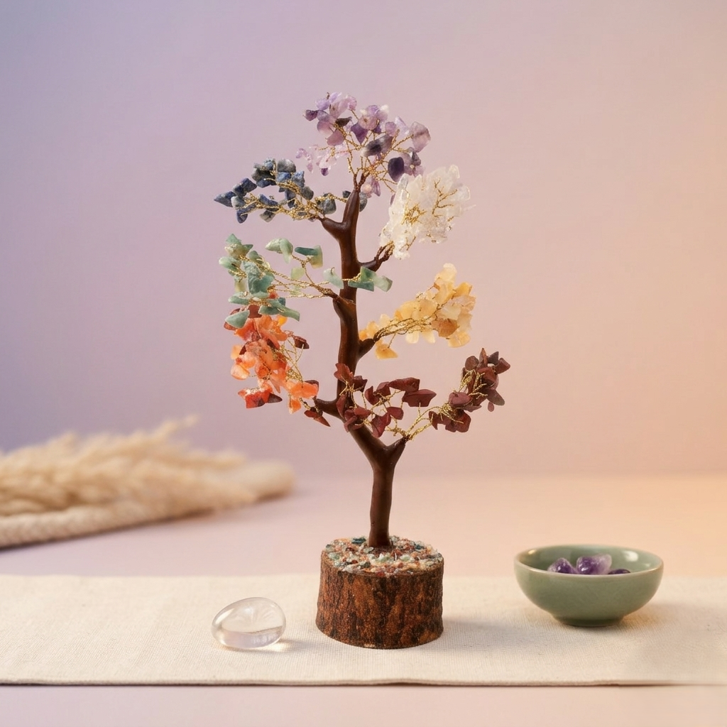 Seven chakra crystal gemstone tree with multicolor stones on wooden log base
--11