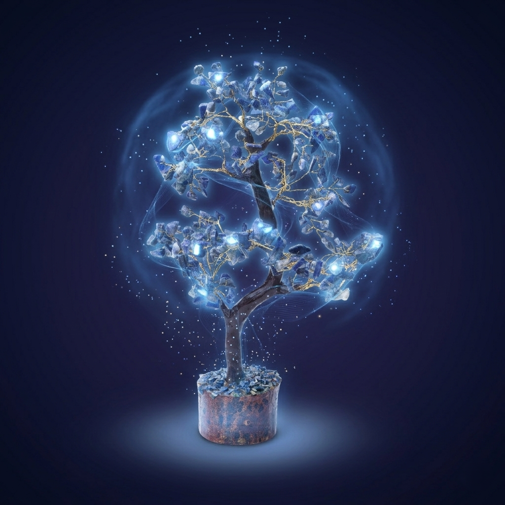 Sodalite gemstone tree with glowing blue energy aura on dark blue background
--9