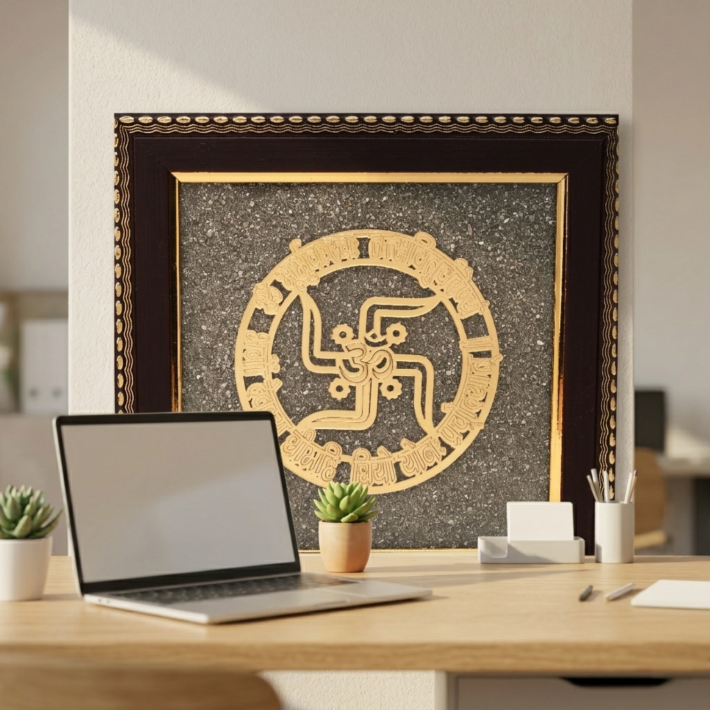 Gold Gayatri mantra wall art with swastik symbol