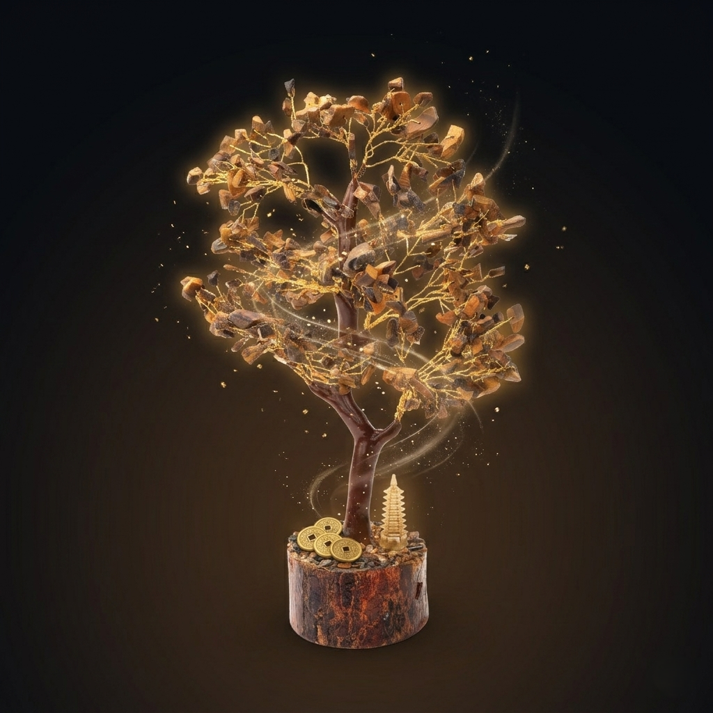 Genuine tiger eye gemstone tree on wood stump on white marble surface

