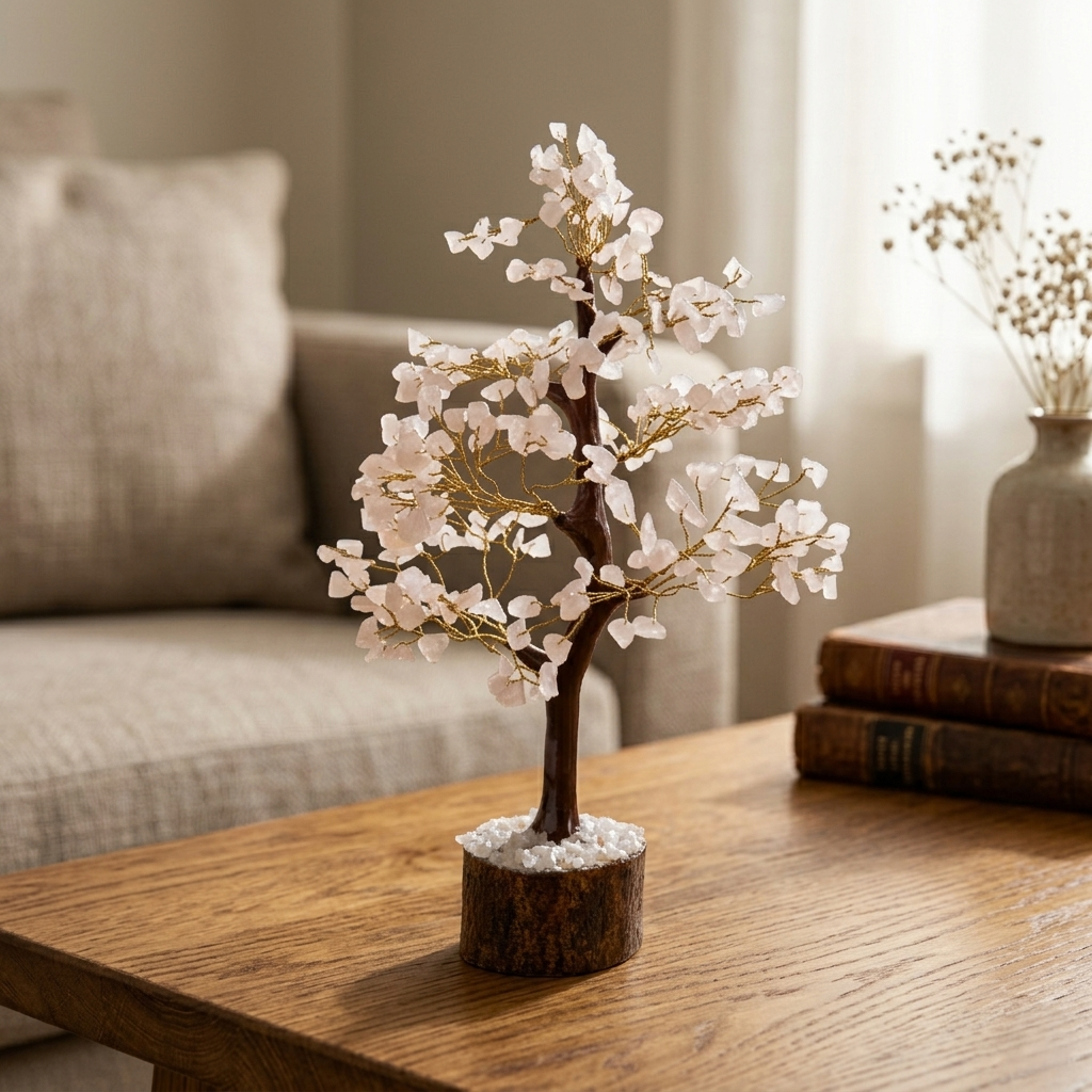 Rose quartz crystal chip tree with gold wire on rustic wooden log base black background
