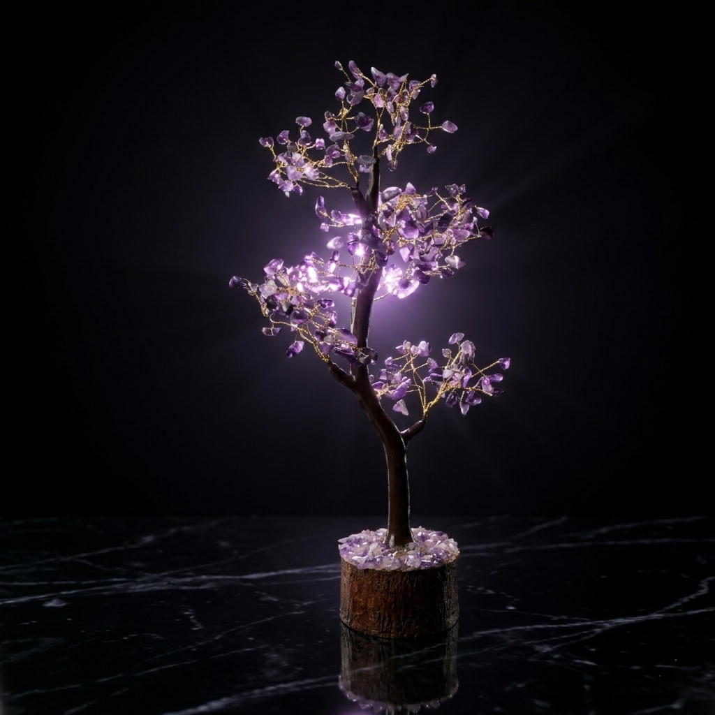 Handcrafted purple amethyst gemstone wish tree on wood stump with amethyst base
--3