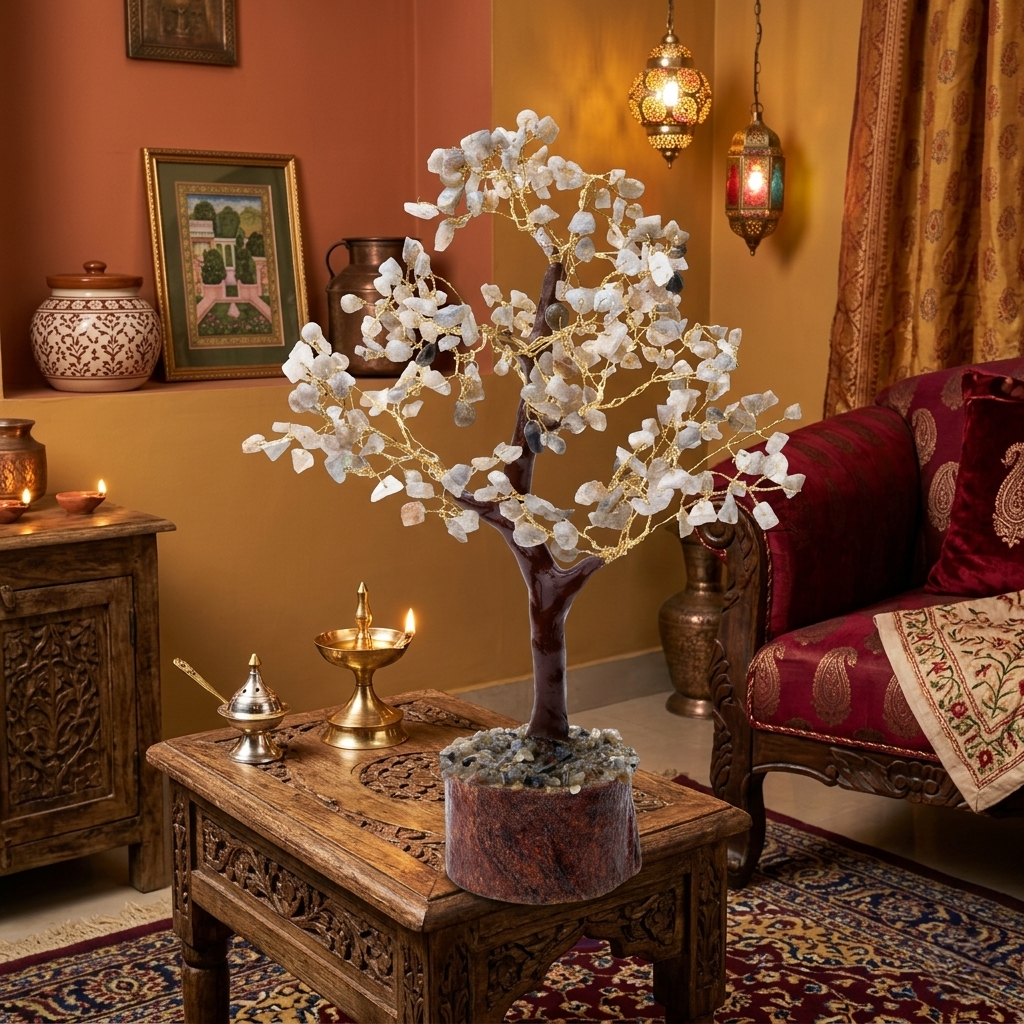 Moonstone chip decorative tree on wood log in modern living room console

