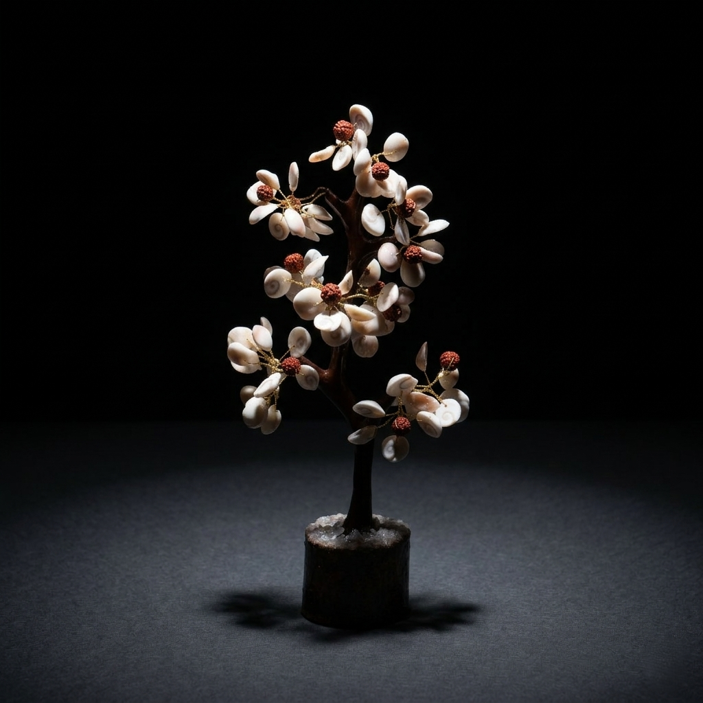 Handcrafted spiritual money tree with white cowrie shells and red rudraksha beads
