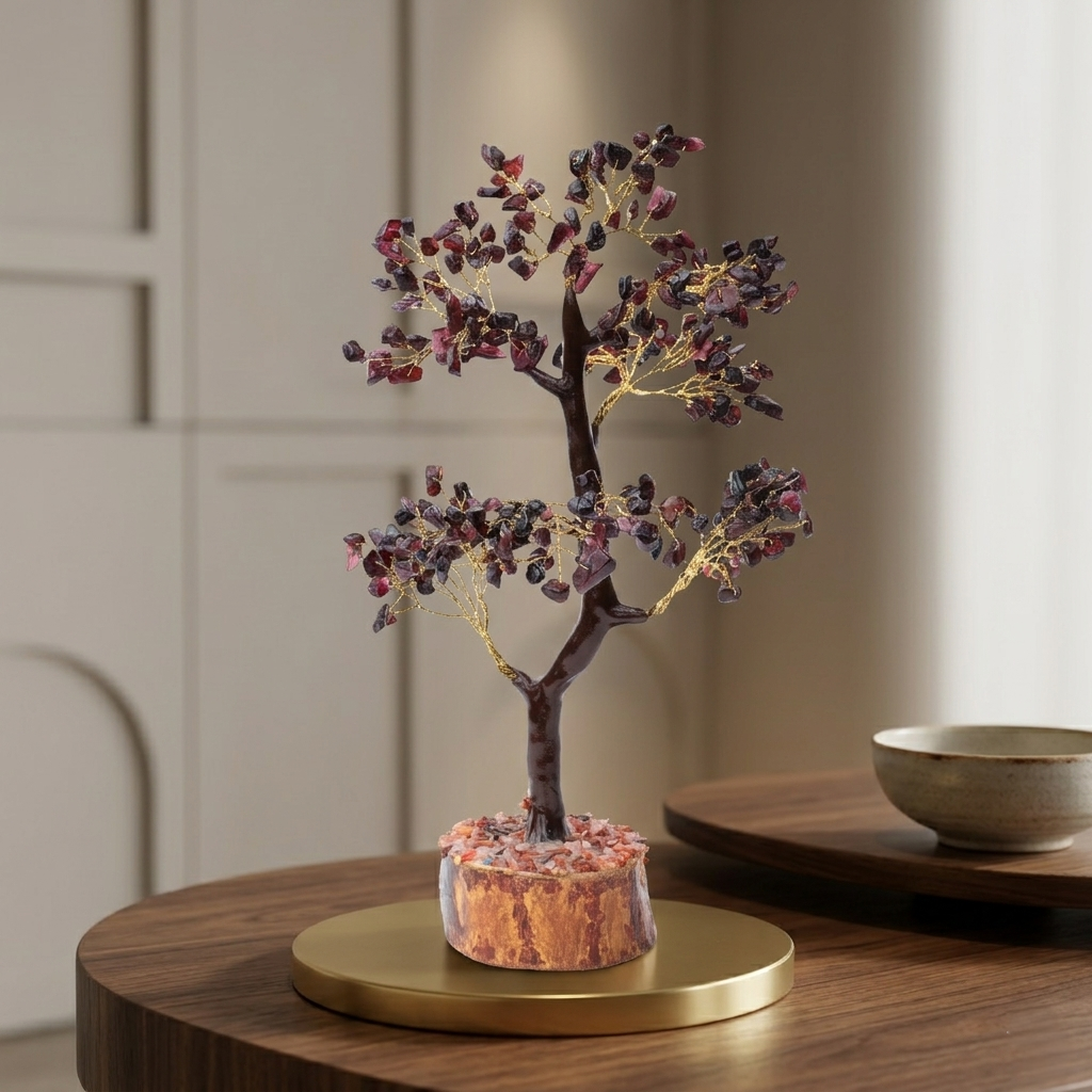 Garnet crystal tree on wood base styled on office desk with MacBook
--8