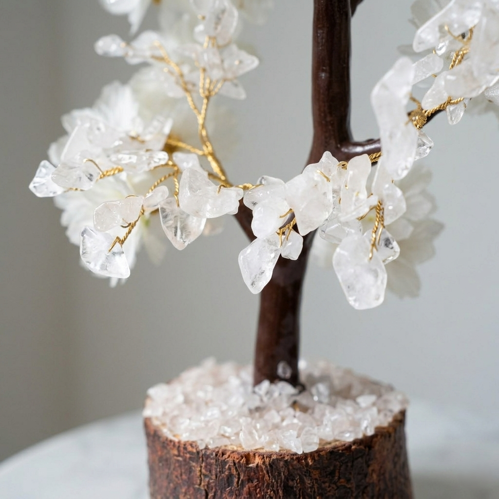 Transparent quartz crystal chip bonsai tree with gold wire and natural wood base
--11
