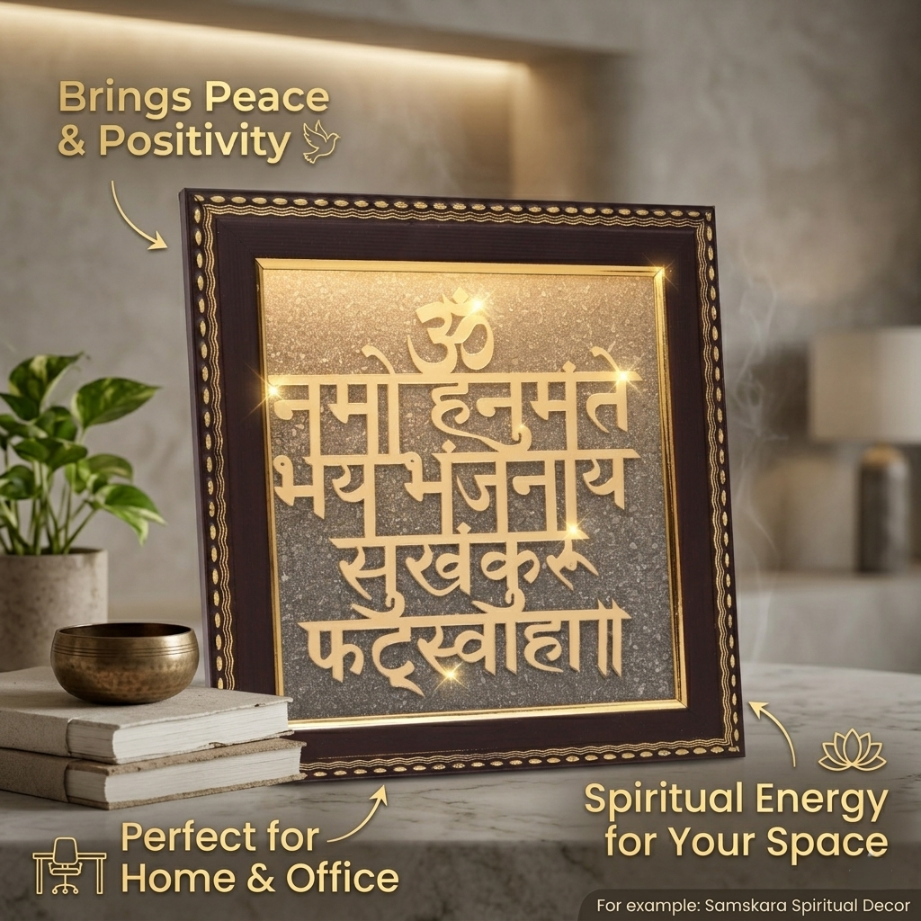 Om Namo Hanumante gold Sanskrit mantra frame with dark wood border black background
--7