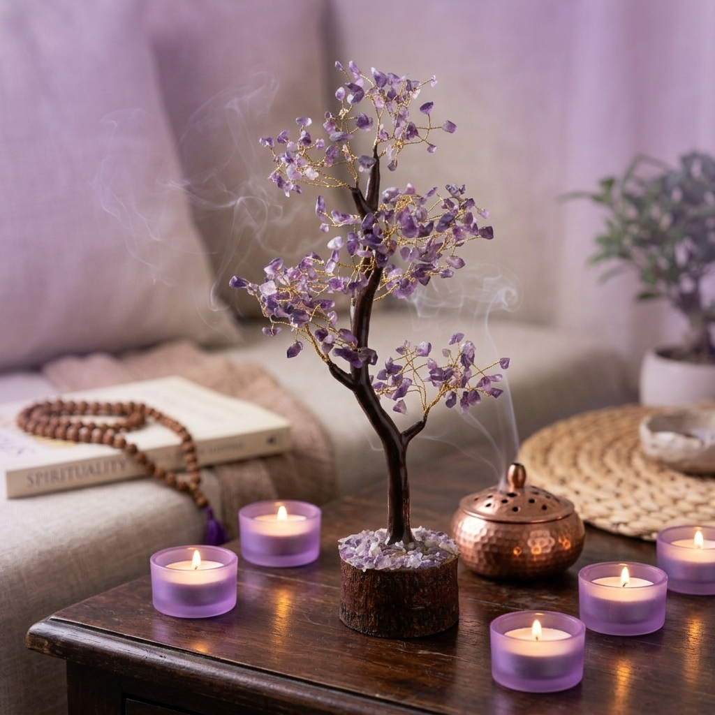 Amethyst crystal chip tree with gold wire on rustic wooden log base black background
--4