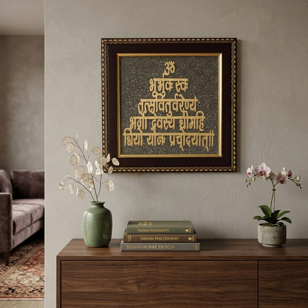 Gold Gayatri Mantra decor in calm interior--3