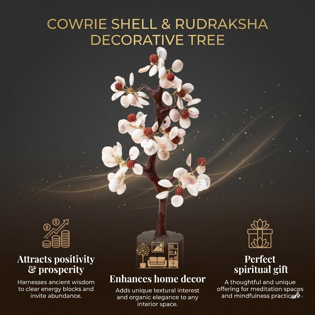 Handcrafted cowrie shell wish tree with red rudraksha beads on natural wood stump
--7
