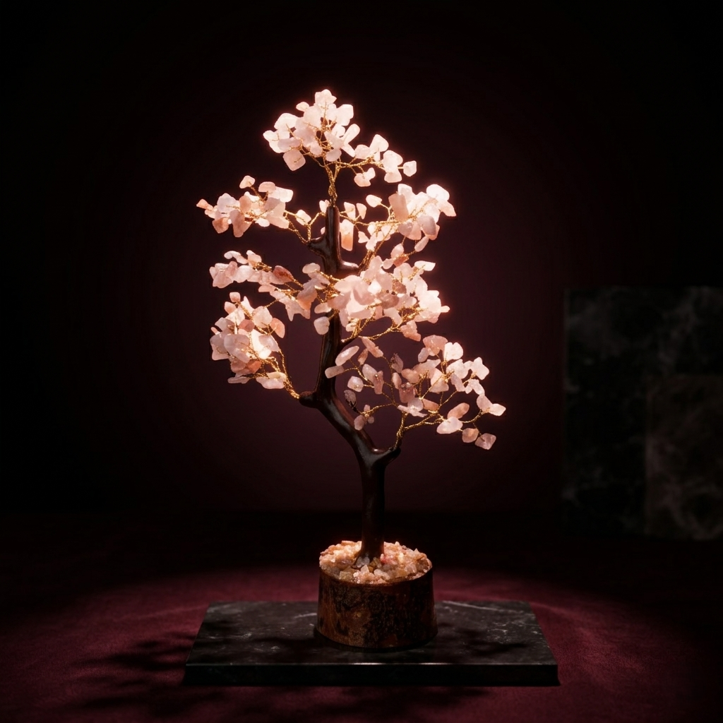 Natural rose quartz chip decorative tree on wood base beige background
--9