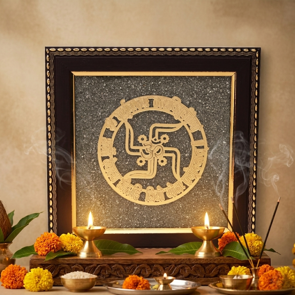 Spiritual swastik om decorative frame on grey base--5