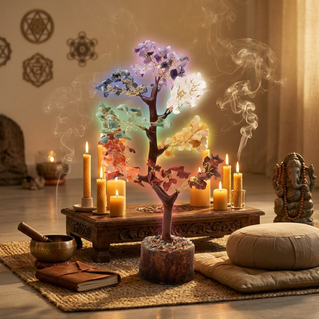 Seven chakra gem tree labeled with crown, third eye, heart and root chakra stones
