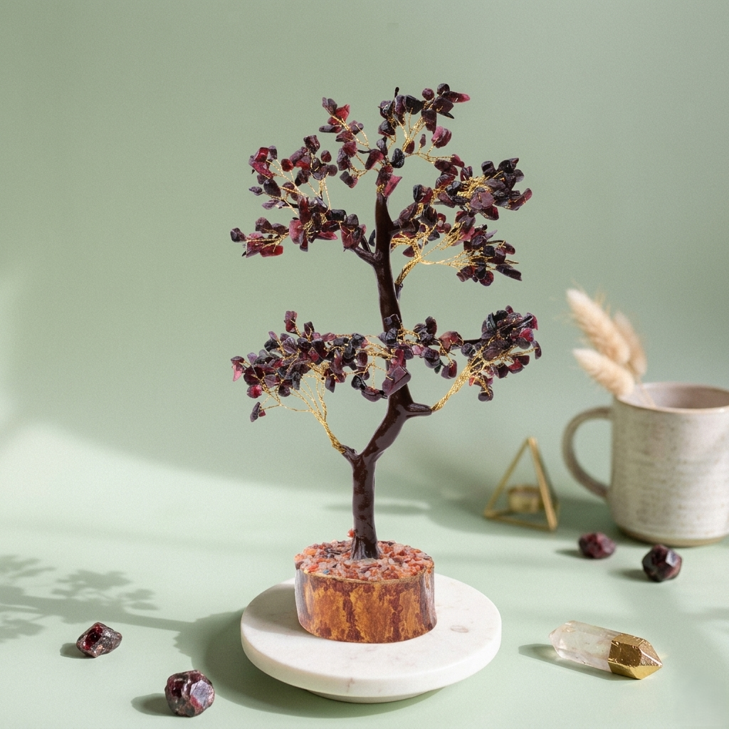 Deep red garnet chip bonsai tree on wood log on gold tray home decor
--9