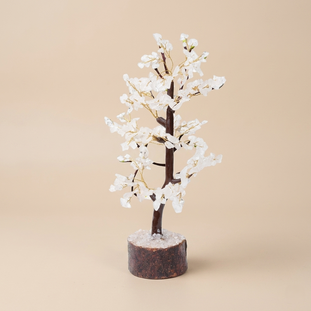 Natural clear quartz crystal tree on wood base beige background product shot
