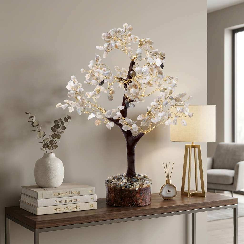 Clear quartz wish tree with gold wire branches on natural wood log base
