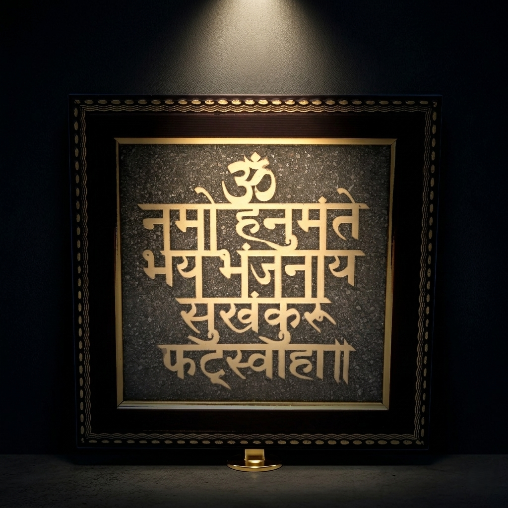 Hanuman mantra decorative wall frame with gold Sanskrit text on stone texture
--6