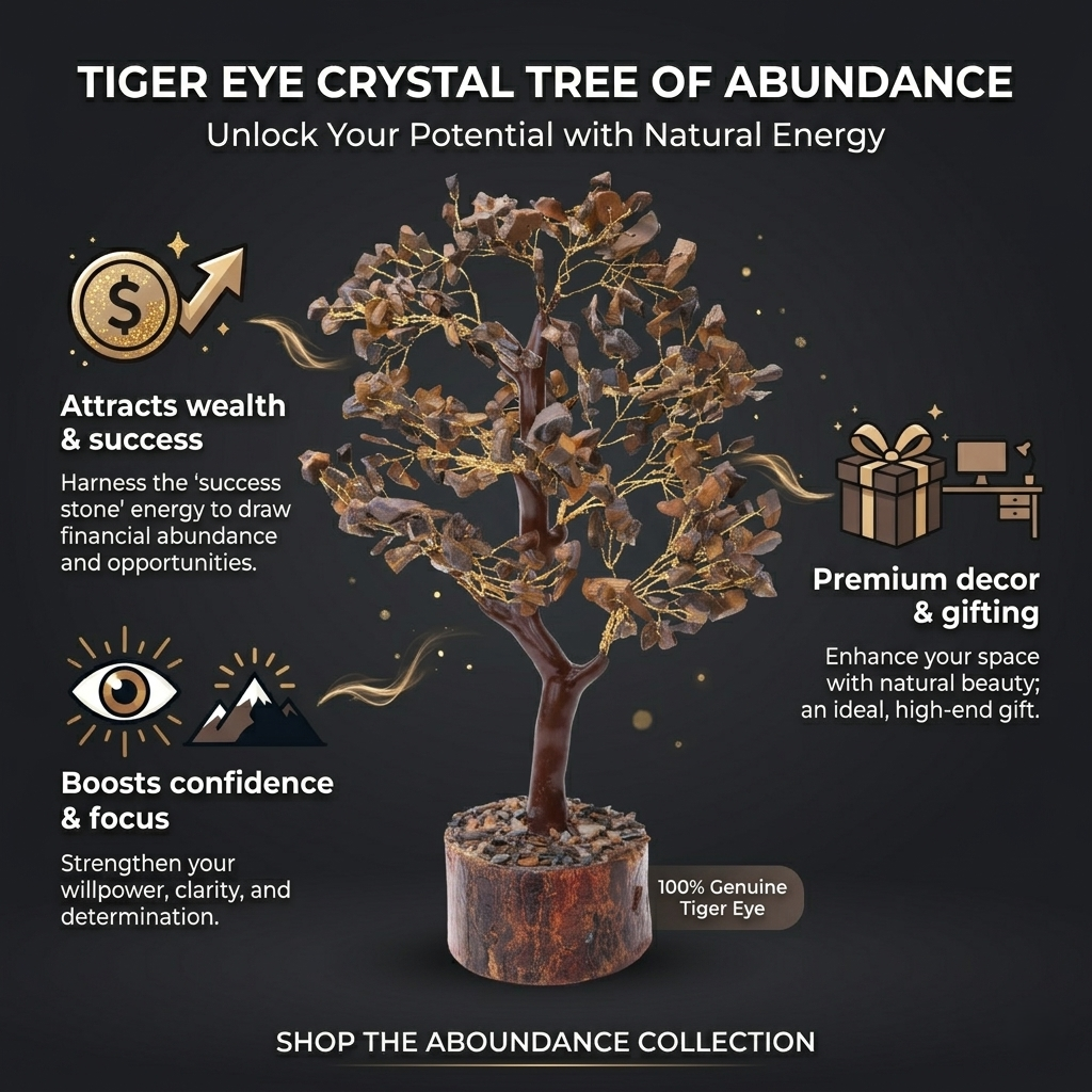 Tiger eye crystal chip tree with gold wire on rustic wooden log base

