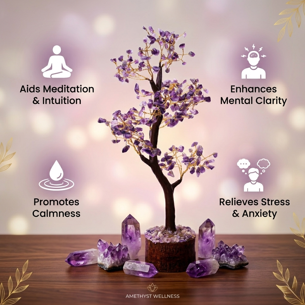 Amethyst crystal tree styled in bright modern living room on marble table
--5