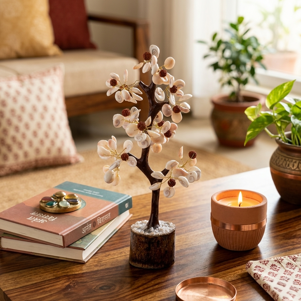 Rudraksha and cowrie shell wish tree for meditation spaces
