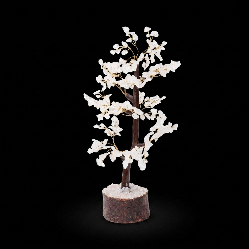 White crystal quartz chip tree on rustic log black background studio shot

