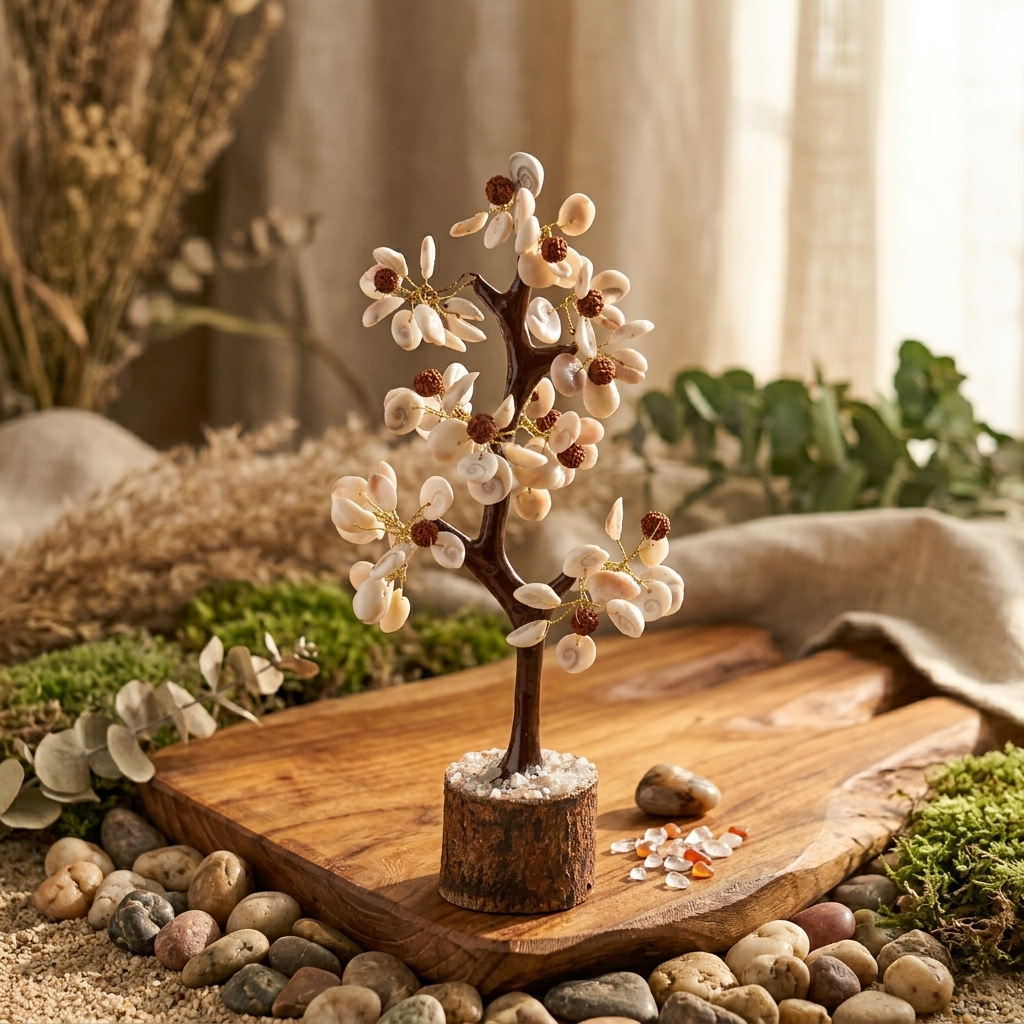 Decorative bonsai-style tree with cowrie shells for home decor
