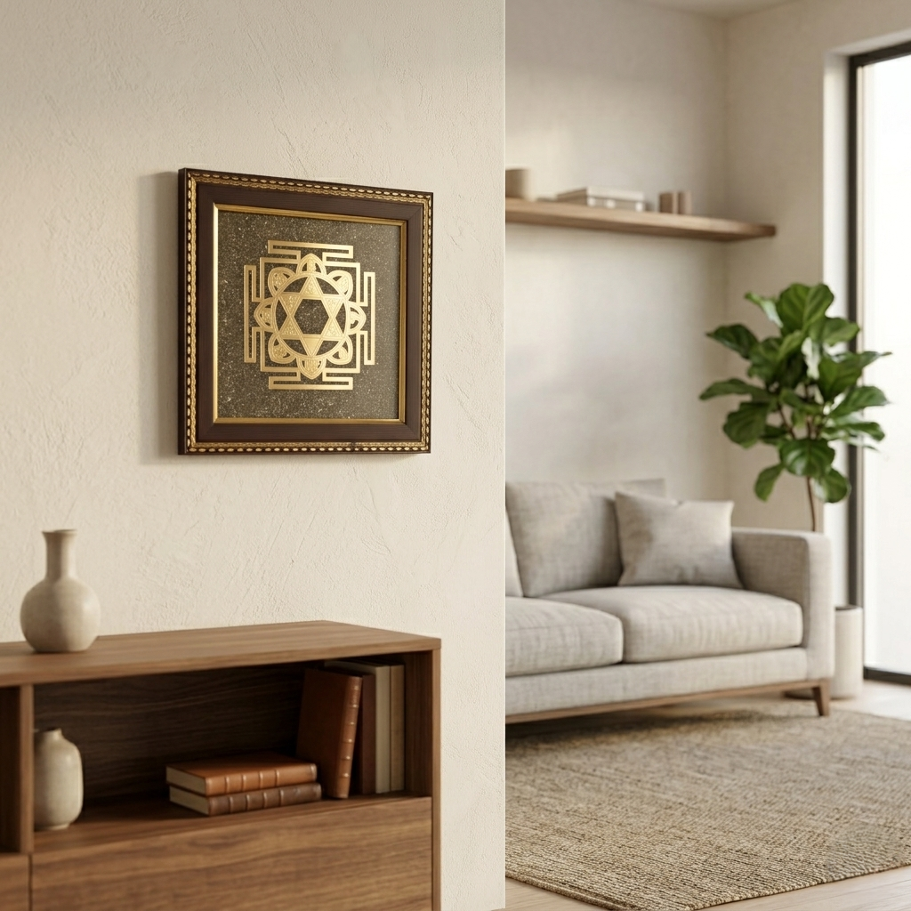 Gold geometric yantra design on textured base