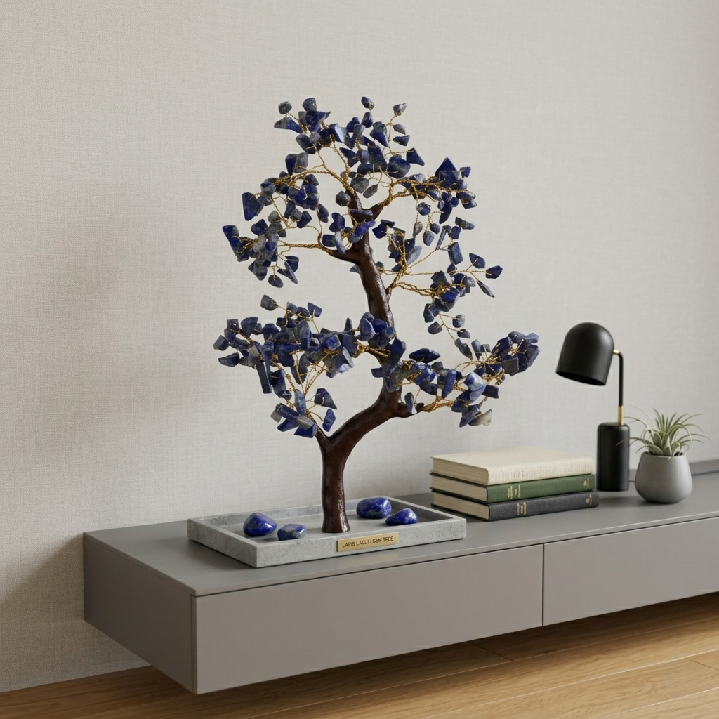 Lapis lazuli gem tree on marble tray displayed on modern grey console table
--10
