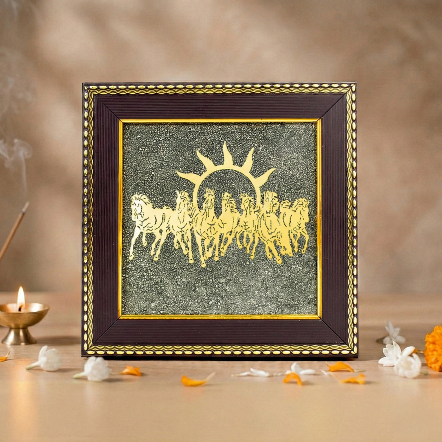 7 Horses Pyrite Frame with premium packaging and authenticity certificate - Traditional Indian Vastu décor with festival setup