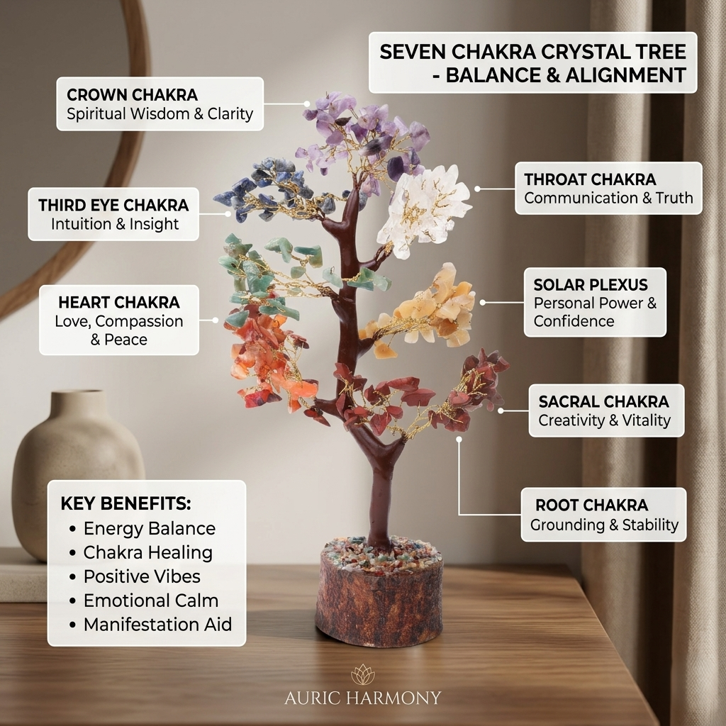 Seven chakra crystal tree with glowing aura in meditation room with candles
--14