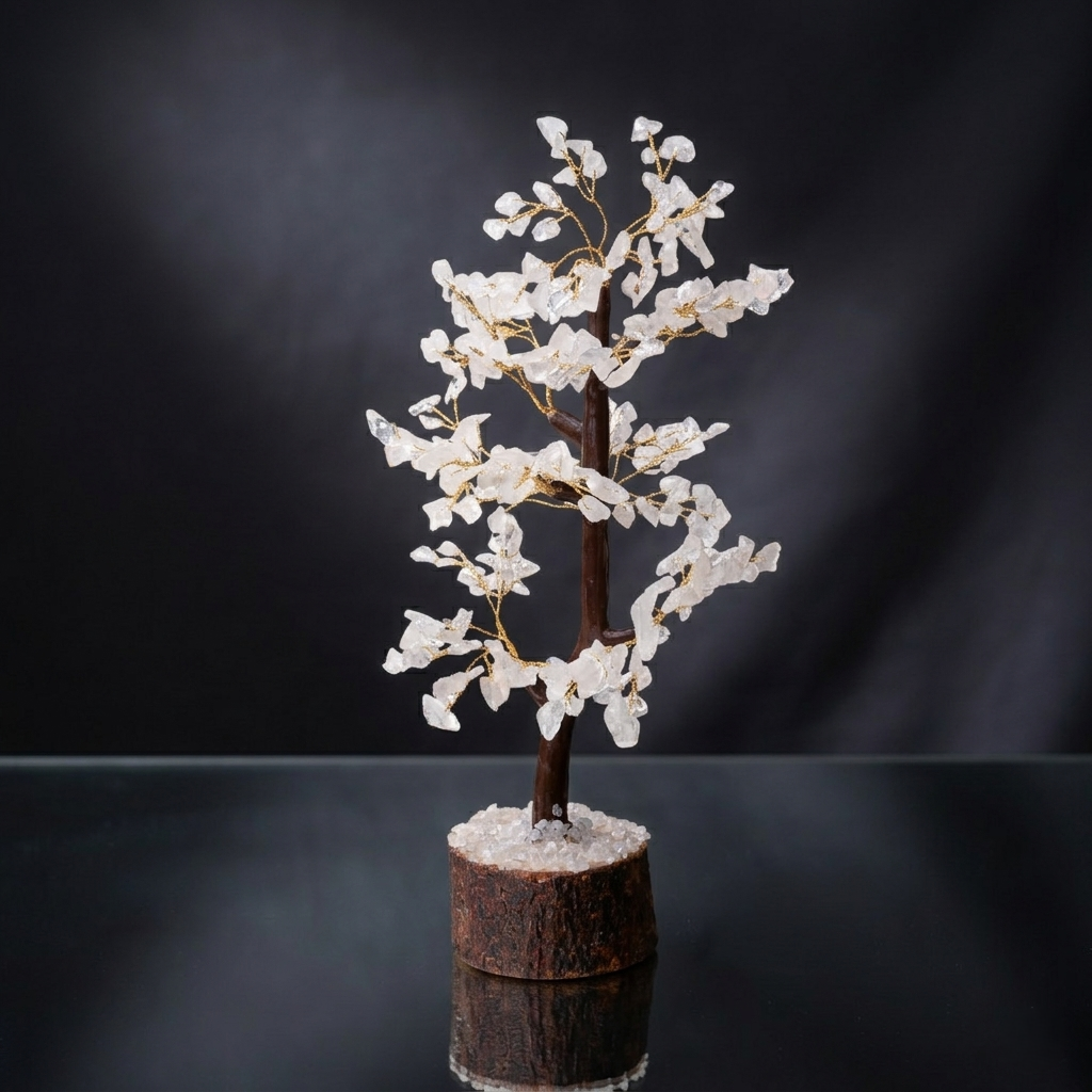 Handcrafted white quartz gemstone wish tree on wood stump grey concrete background
--10