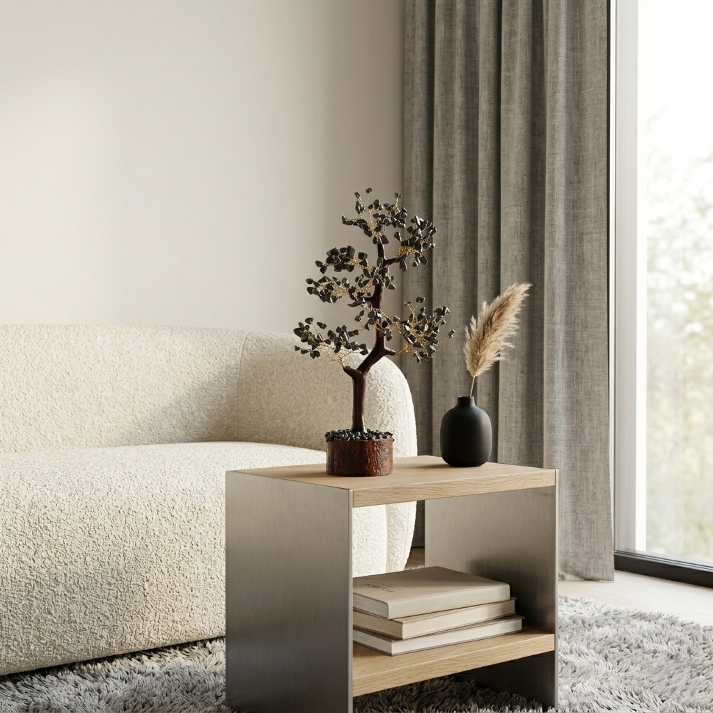 Dark grey crystal chip tree on wooden log minimalist modern living room decor
--7