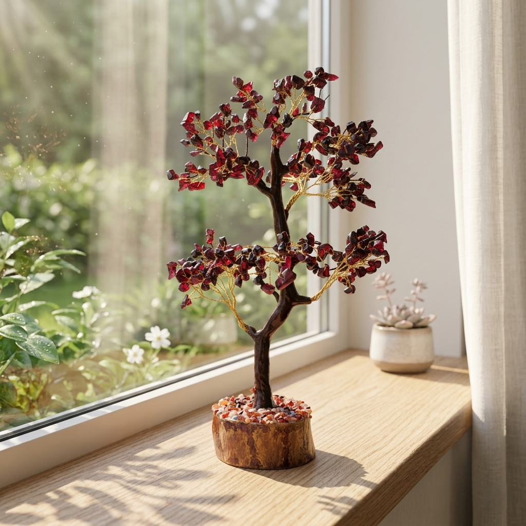 Glowing red garnet crystal tree with magical energy in dark forest setting
--10