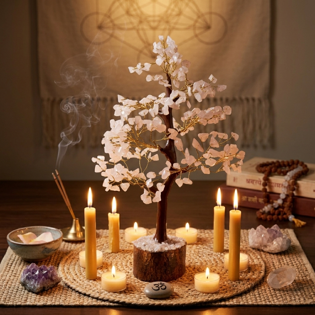 Natural rose quartz crystal tree on rustic log on dark wood table galaxy night sky background
--7