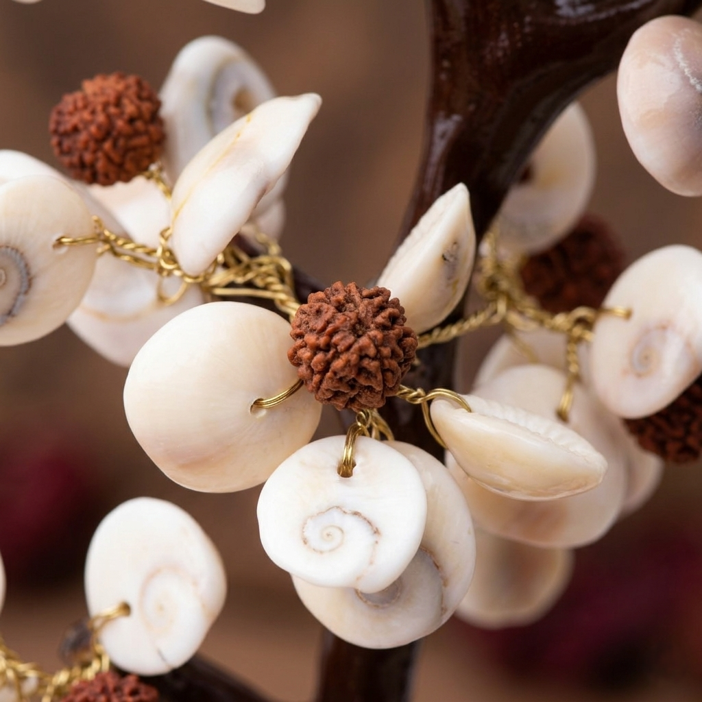 Feng shui lucky tree made of cowrie shells and rudraksha on stone base
--11