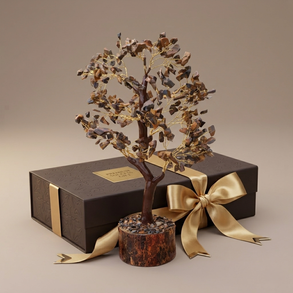 Large tiger eye crystal tree on wood base styled on modern coffee table
