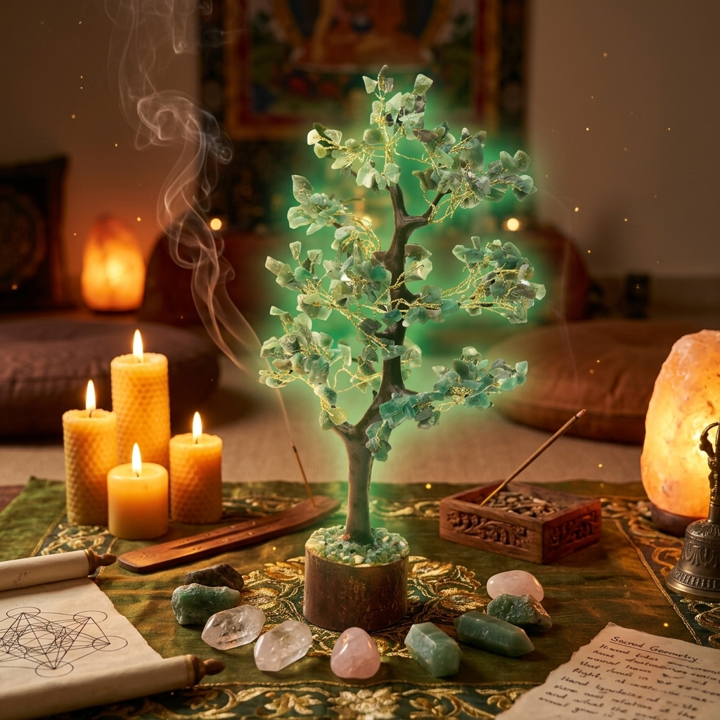 Green gemstone crystal tree on wooden log attracts luck and opportunities
--12