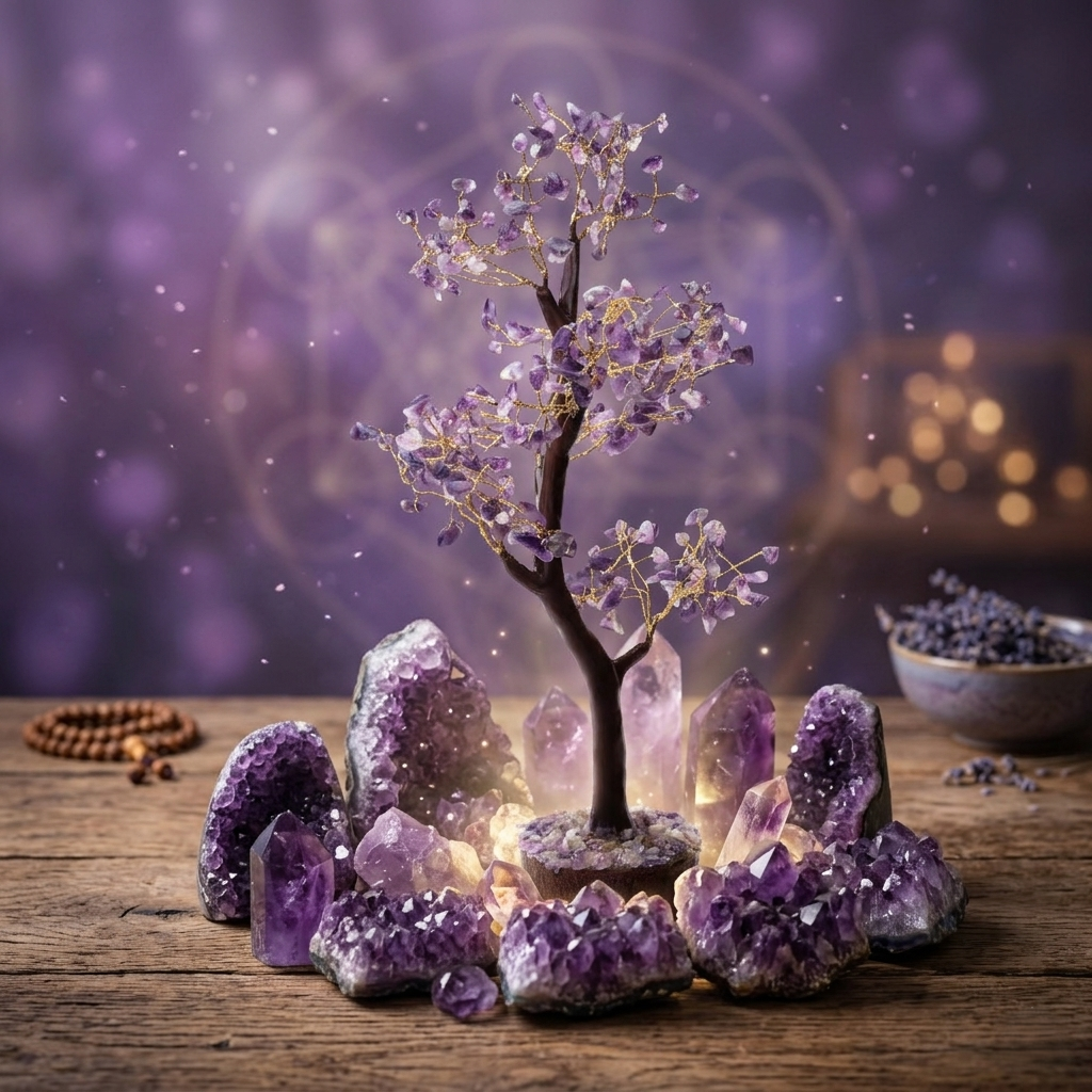 Purple amethyst gemstone tree with gold wire for crown chakra healing and calm
