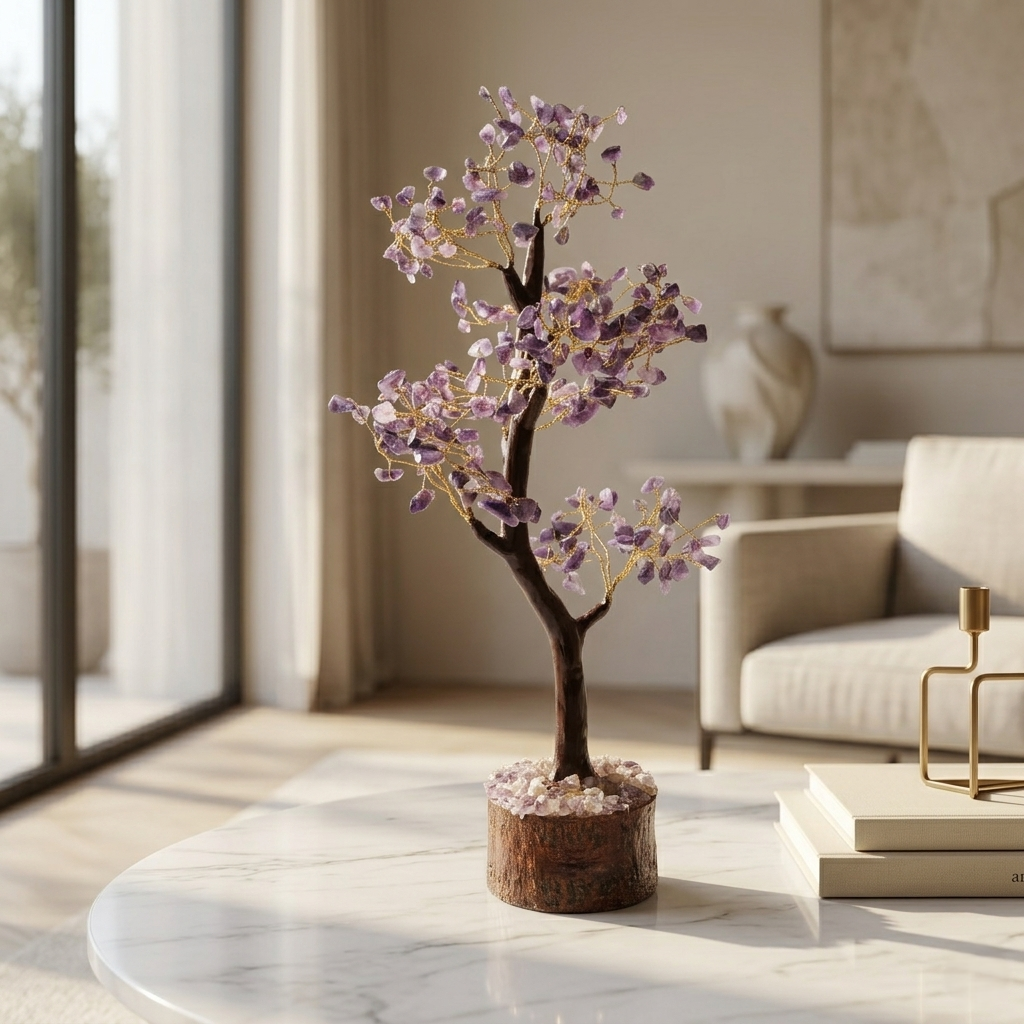 Natural amethyst chip bonsai tree on wood log on white marble coffee table
--7