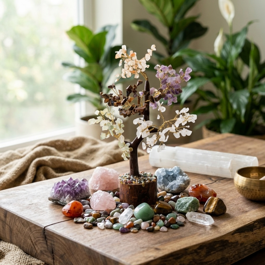 Mixed gemstone crystal tree with amethyst, rose quartz, tiger eye and aventurine chips
--5