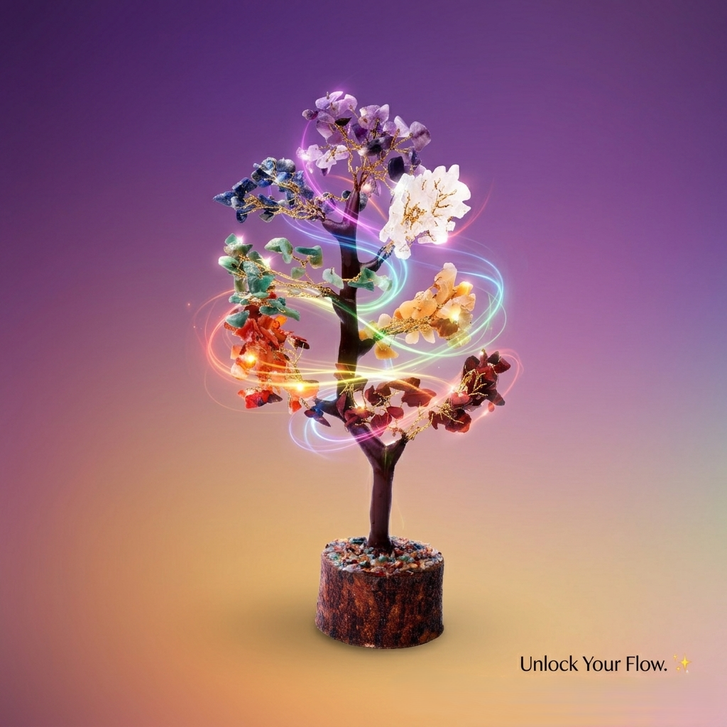 Seven chakra crystal tree of balance by Auric Harmony on wooden shelf
--16