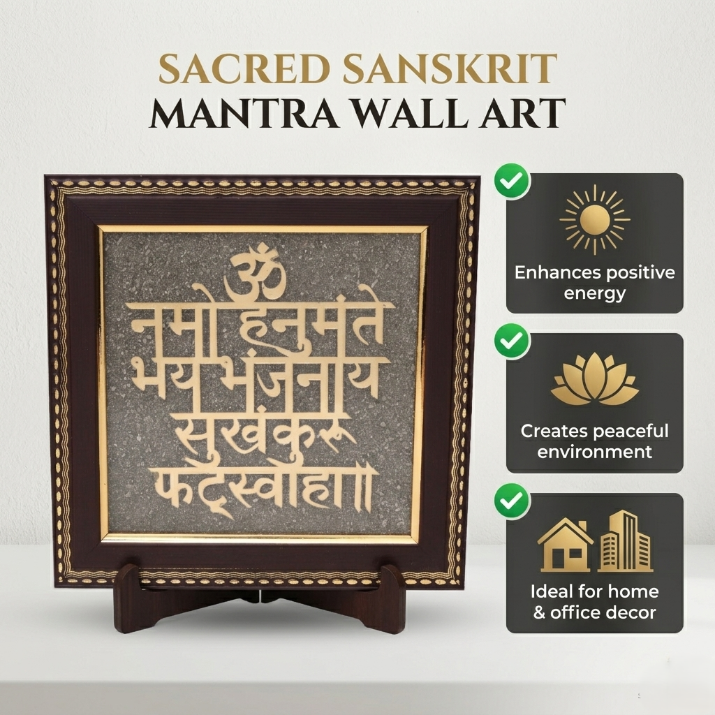 Religious wall art with gold script and wooden border