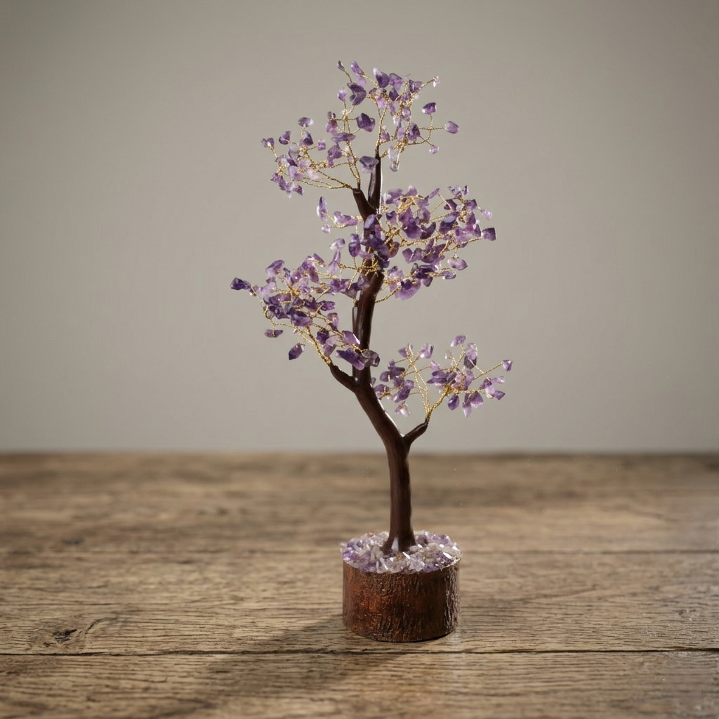 Natural purple amethyst gemstone tree for stress relief and mindfulness decor
