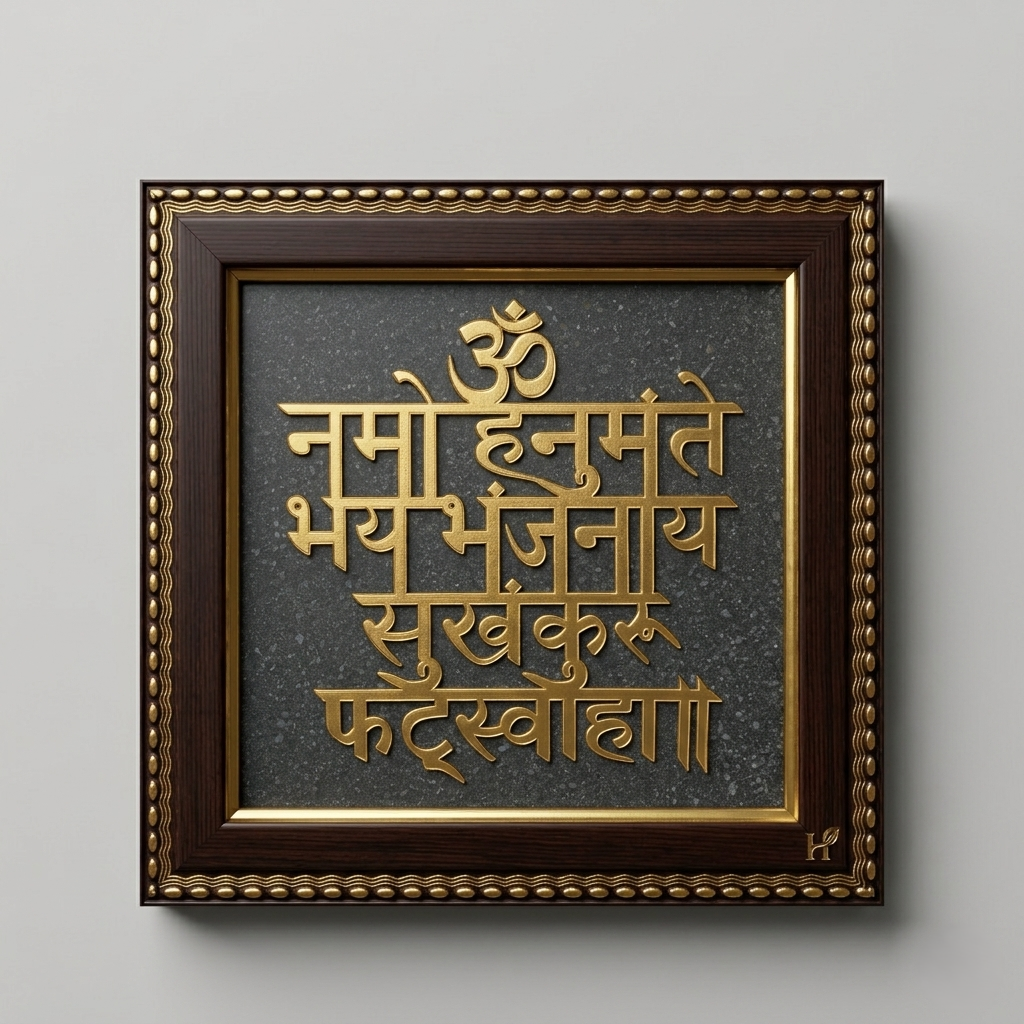 Gold Sanskrit text wall decor in living room--4